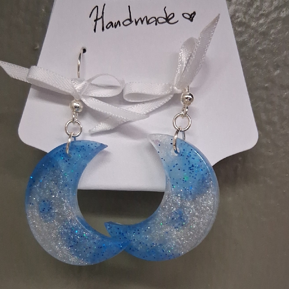 Handmade Blue and Silver Crescent Moon  Earrings